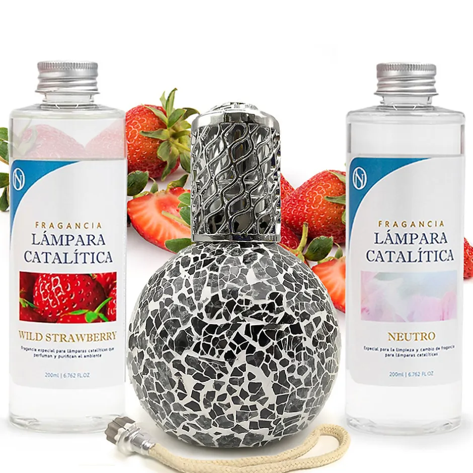 Mamamanuela Pack économique Lampe Catalytique Mosaïque Noir + Parfum Wild Strawberry (200 ml) + Nettoyant Neutre (200 ml) + Mèche de Rechange