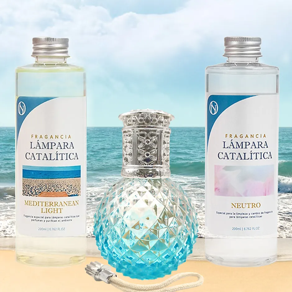 Mamamanuela Pack économique Lampe Catalytique Blue Diamonds + Parfum Mediterranean Light (500 ml) + Nettoyant Neutre (200 ml) + Mèche Rechange