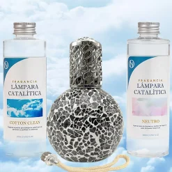 Mamamanuela Pack économique Lampe Catalytique Mosaïque Noir + Parfum Cotton Clean (200 ml) + Nettoyant Neutre (200 ml) + Mèche de Rechange