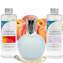 Mamamanuela Pack économique Lampe Catalytique Bleu Gris Mat + Parfum Peach Velvet (500 ml) + Nettoyant Neutre (200 ml) + Mèche de Rechange
