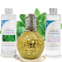 Mamamanuela Pack économique Lampe Catalytique Mosaïque Doré + Parfum Mountain Mint (200 ml) + Nettoyant Neutre (200 ml) + Mèche de Rechange