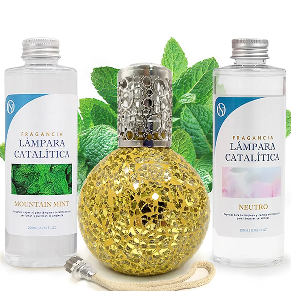 Mamamanuela Pack économique Lampe Catalytique Mosaïque Doré + Parfum Mountain Mint (200 ml) + Nettoyant Neutre (200 ml) + Mèche de Rechange
