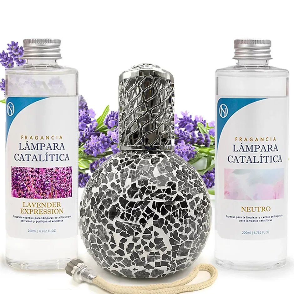Mamamanuela Pack économique Lampe Catalytique Mosaïque Noir + Parfum Lavender Expression (500 ml) + Nettoyant Neutre (200 ml) + Mèche Rechange Sale
