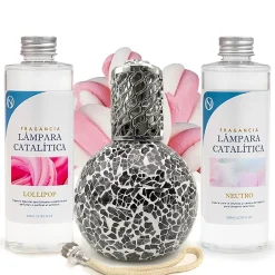 Mamamanuela Pack économique Lampe Catalytique Mosaïque Noir + Parfum Lollipop (200 ml) + Nettoyant Neutre (200 ml) + Mèche de Rechange