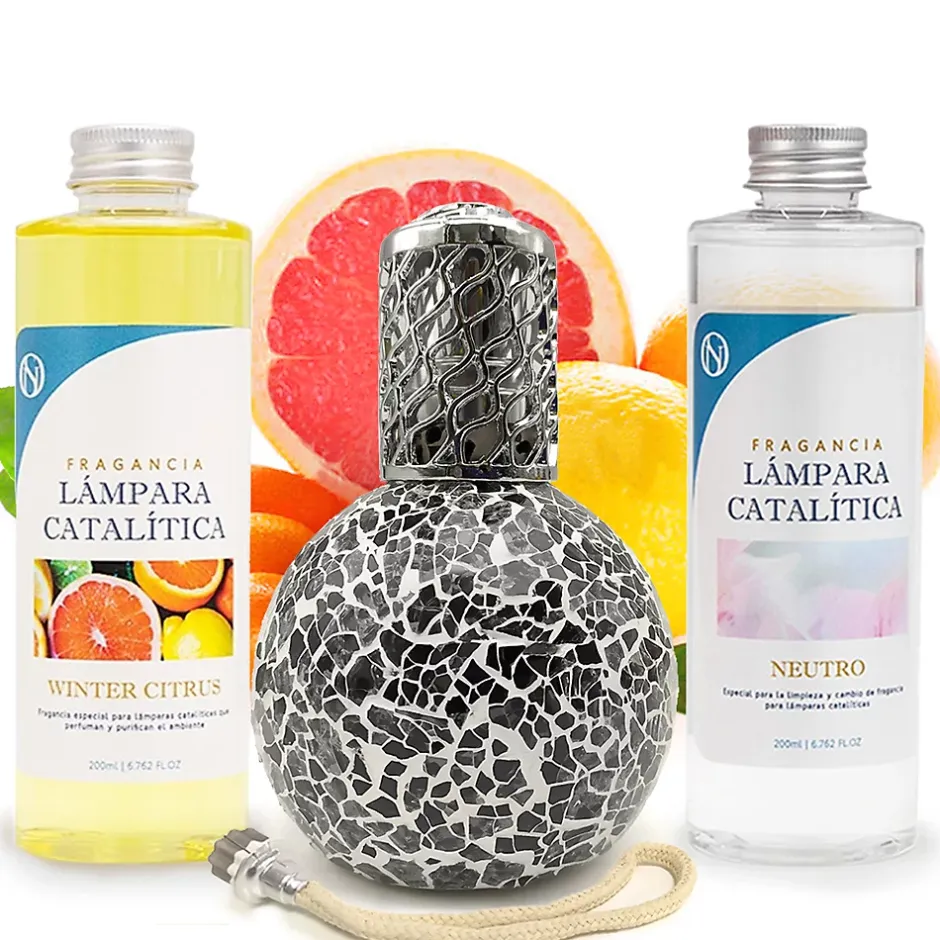 Mamamanuela Pack économique Lampe Catalytique Mosaïque Noir + Parfum Winter Citrus (500 ml) + Nettoyant Neutre (200 ml) + Mèche de Rechange Discount