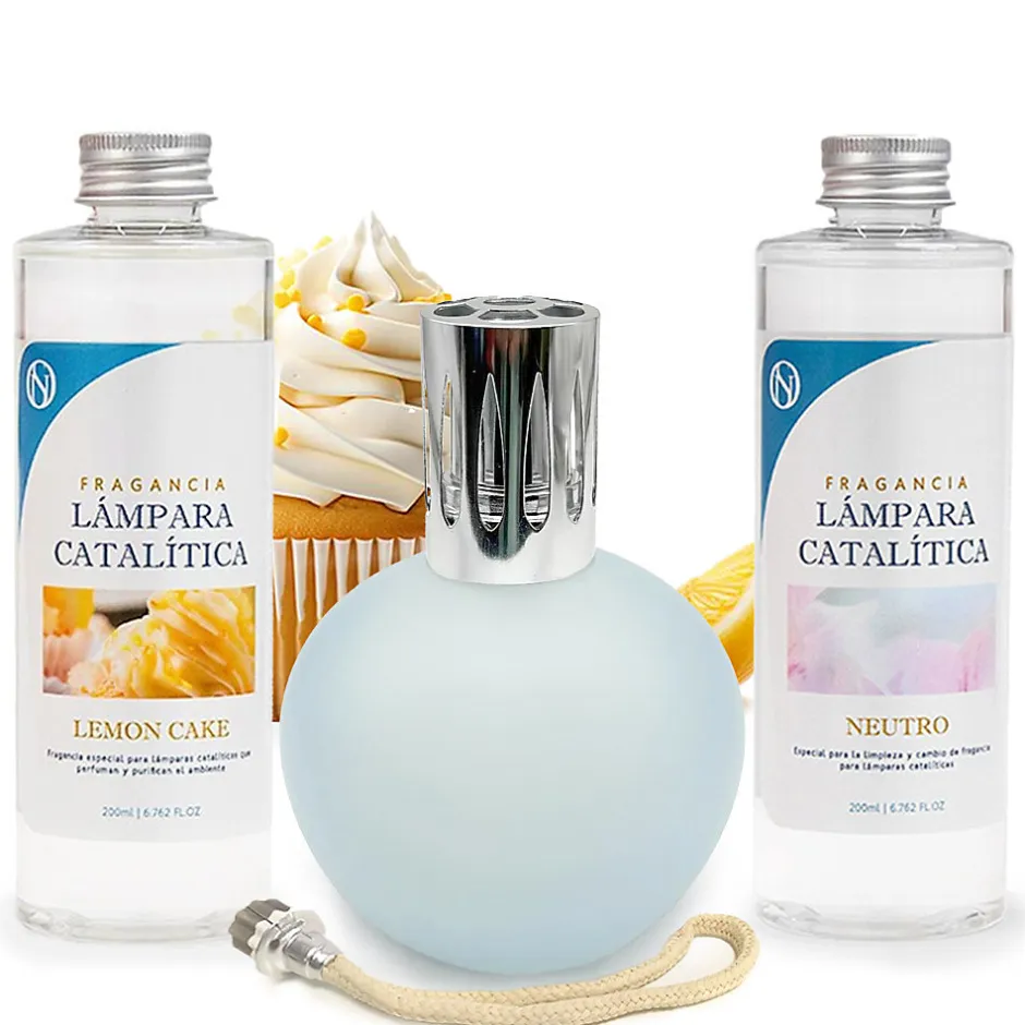 Mamamanuela Pack économique Lampe Catalytique Bleu-Gris Mat + Parfum Lemon Cake (200 ml) + Nettoyant Neutre (200 ml) + Mèche de Rechange
