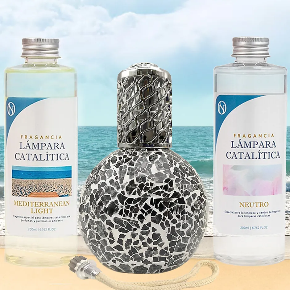 Mamamanuela Pack économique Lampe Catalytique Mosaïque Noir + Parfum Mediterranean Light (500 ml) + Nettoyant Neutre (200 ml) + Mèche Rechange
