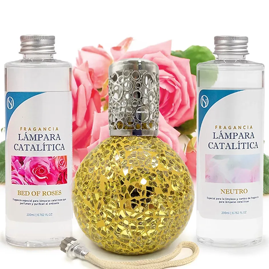 Mamamanuela Pack économique Lampe Catalytique Mosaïque Doré + Parfum Bed of Roses (200 ml) + Nettoyant Neutre (200 ml) + Mèche de Rechange Clearance