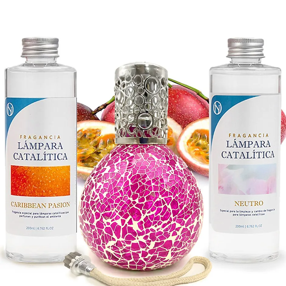 Mamamanuela Pack économique Lampe Catalytique Mosaïque Fuchsia + Caribbean Passion (200 ml) + Nettoyant Neutre (200 ml) + Mèche de Rechange