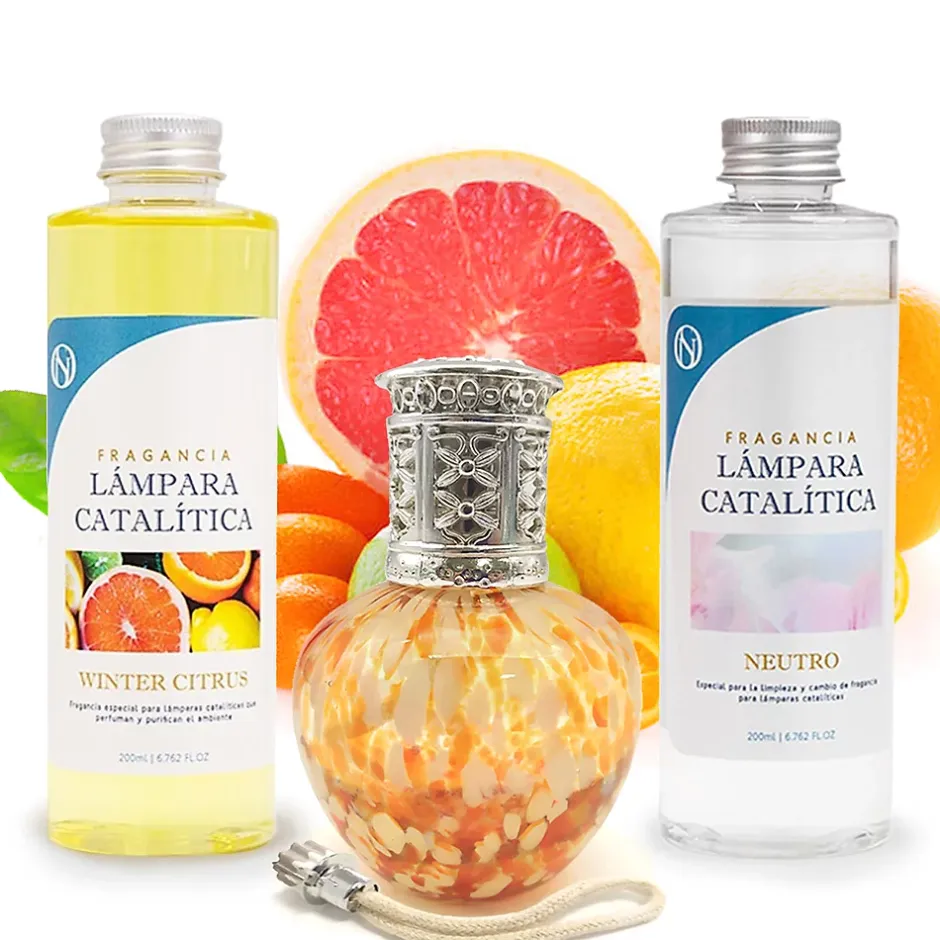 Mamamanuela Pack économique Lampe Catalytique Drops Orange + Parfum Winter Citrus (200 ml) + Nettoyant Neutre (200 ml) + Mèche de Rechange