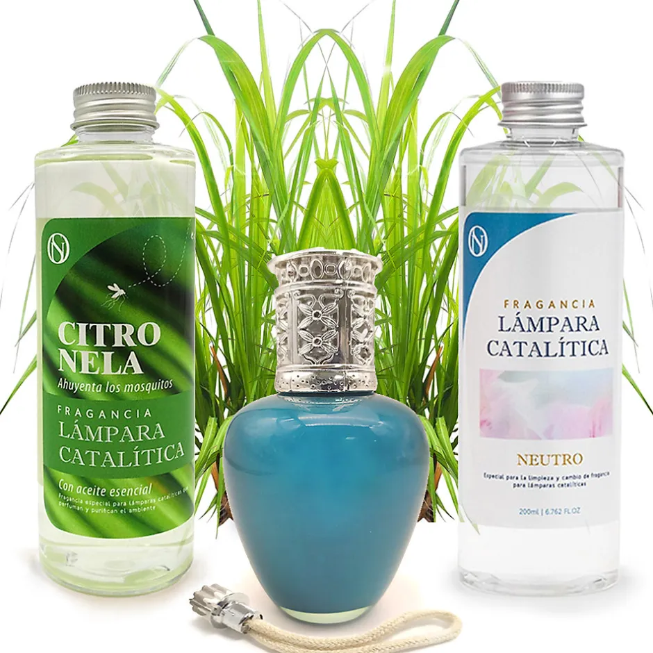 Mamamanuela Pack économique Lampe Catalytique Aqua Marina + Parfum Citronnelle (200 ml) + Nettoyant Neutre (200 ml) + Mèche de Rechange