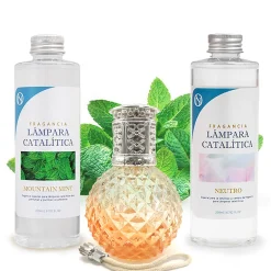 Mamamanuela Pack économique Lampe Catalytique Orange Diamonds + Parfum Mountain Mint (500 ml) + Nettoyant Neutre (200 ml) + Mèche de Rechange