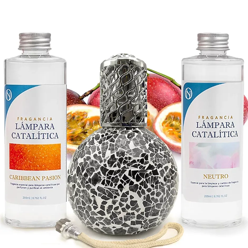 Mamamanuela Pack économique Lampe Catalytique Mosaïque Noir + Parfum Caribbean Passion (500 ml) + Nettoyant Neutre (200 ml) + Mèche Rechange Sale