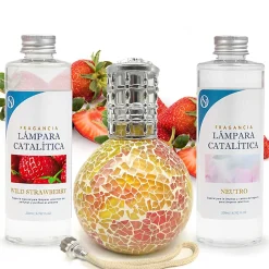 Mamamanuela Pack économique Lampe Catalytique Mosaïque Bicolore + Parfum Wild Strawberry (500 ml) + Nettoyant Neutre (200 ml) + Mèche Rechange