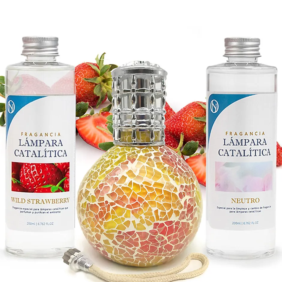 Mamamanuela Pack économique Lampe Catalytique Mosaïque Bicolore + Parfum Wild Strawberry (500 ml) + Nettoyant Neutre (200 ml) + Mèche Rechange
