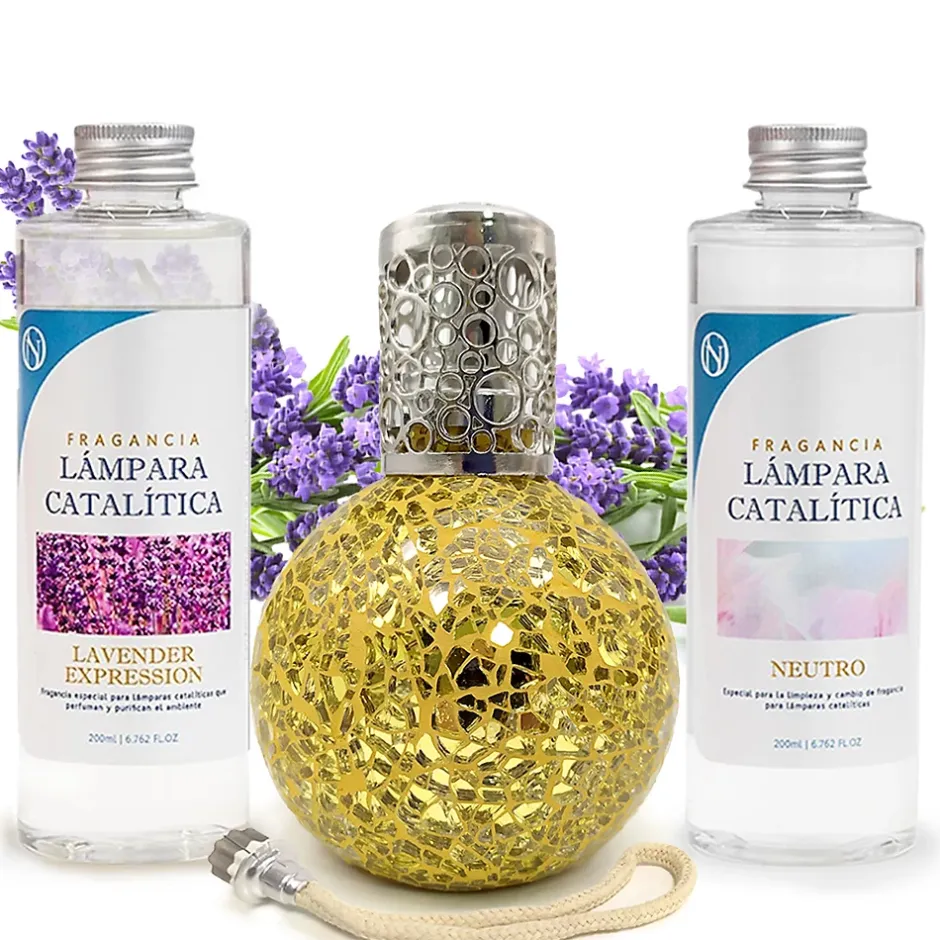 Mamamanuela Pack économique Lampe Catalytique Mosaïque Doré + Parfum Lavender Expression (500 ml) + Nettoyant Neutre (200 ml) + Mèche Rechange Sale