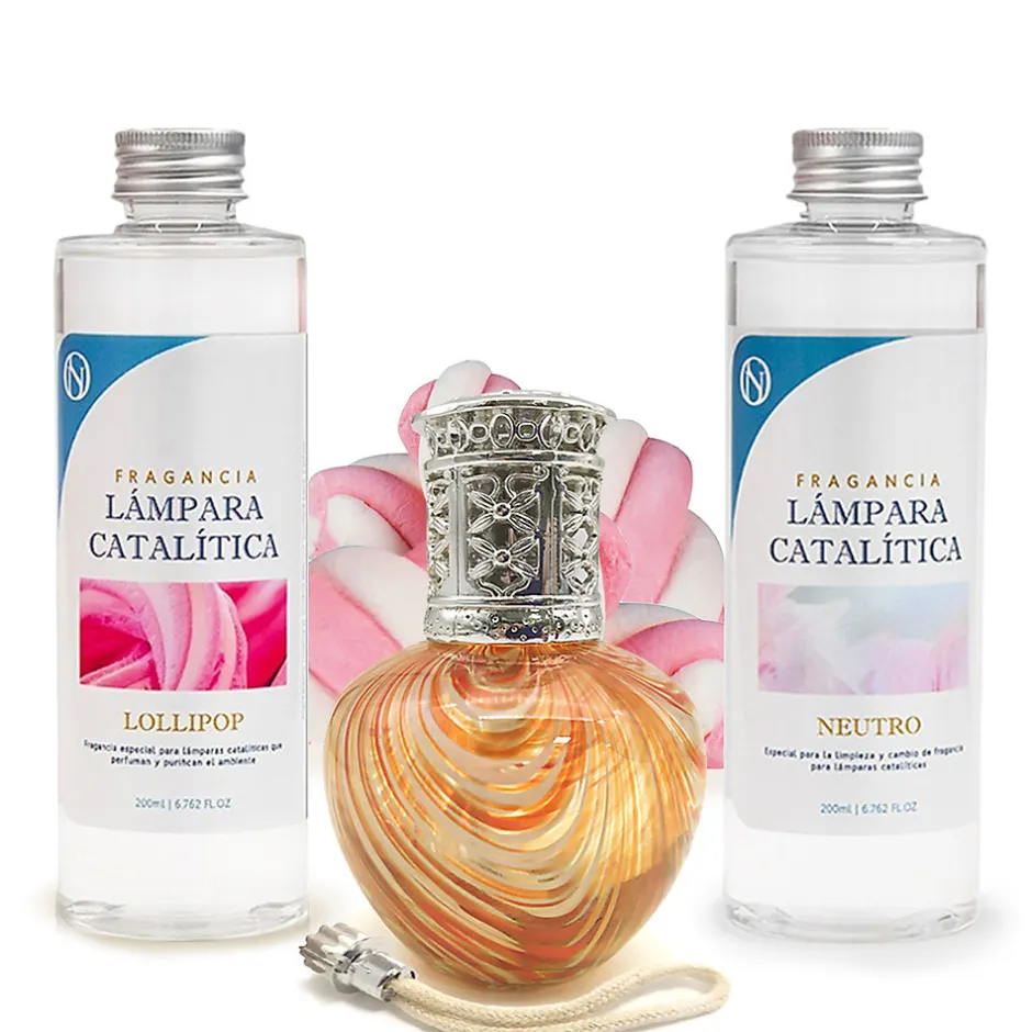 Mamamanuela Pack économique Lampe Catalytique Orange Waves + Parfum Lollipop (500 ml) + Nettoyant Neutre (200 ml) + Mèche de Rechange