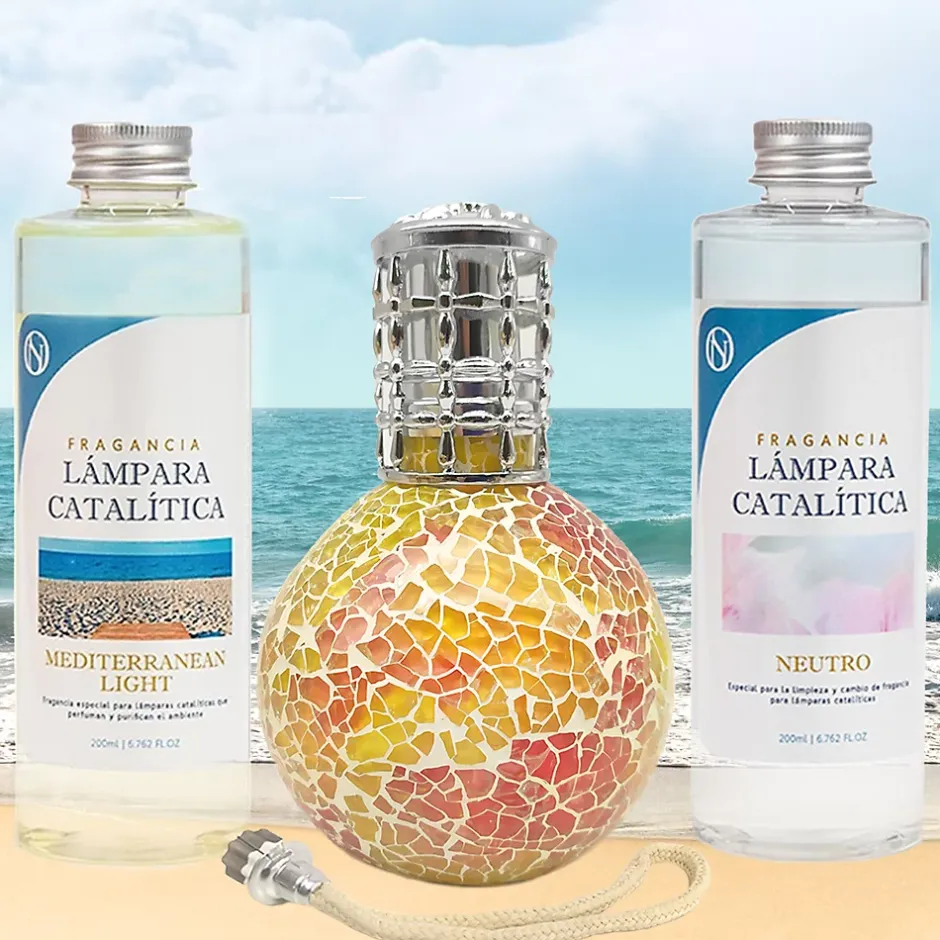 Mamamanuela Pack économique Lampe Catalytique Mosaïque Bicolore + Mediterranean Light (200 ml) + Nettoyant Neutre (200 ml) + Mèche Rechange Best