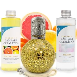 Mamamanuela Pack économique Lampe Catalytique Mosaïque Doré + Parfum Winter Citrus (200 ml) + Nettoyant Neutre (200 ml) + Mèche de Rechange Hot