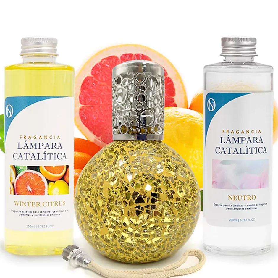 Mamamanuela Pack économique Lampe Catalytique Mosaïque Doré + Parfum Winter Citrus (200 ml) + Nettoyant Neutre (200 ml) + Mèche de Rechange Hot
