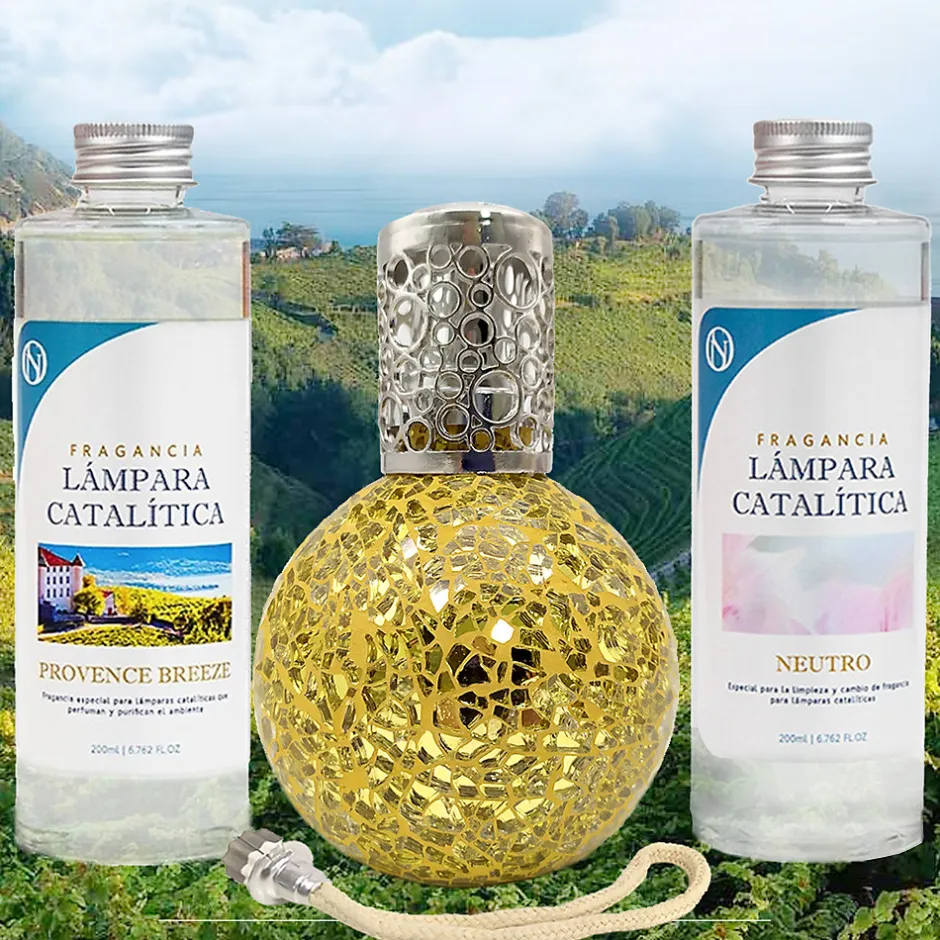 Mamamanuela Pack économique Lampe Catalytique Mosaïque Doré + Parfum Provence Breeze (500 ml) + Nettoyant Neutre (200 ml) + Mèche de Rechange