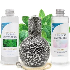 Mamamanuela Pack économique Lampe Catalytique Mosaïque Noir + Parfum Mountain Mint (500 ml) + Nettoyant Neutre (200 ml) + Mèche de Rechange Hot