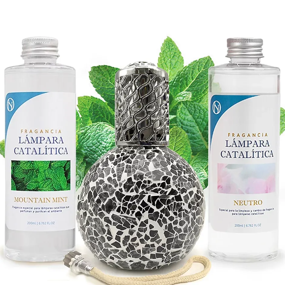 Mamamanuela Pack économique Lampe Catalytique Mosaïque Noir + Parfum Mountain Mint (500 ml) + Nettoyant Neutre (200 ml) + Mèche de Rechange Hot