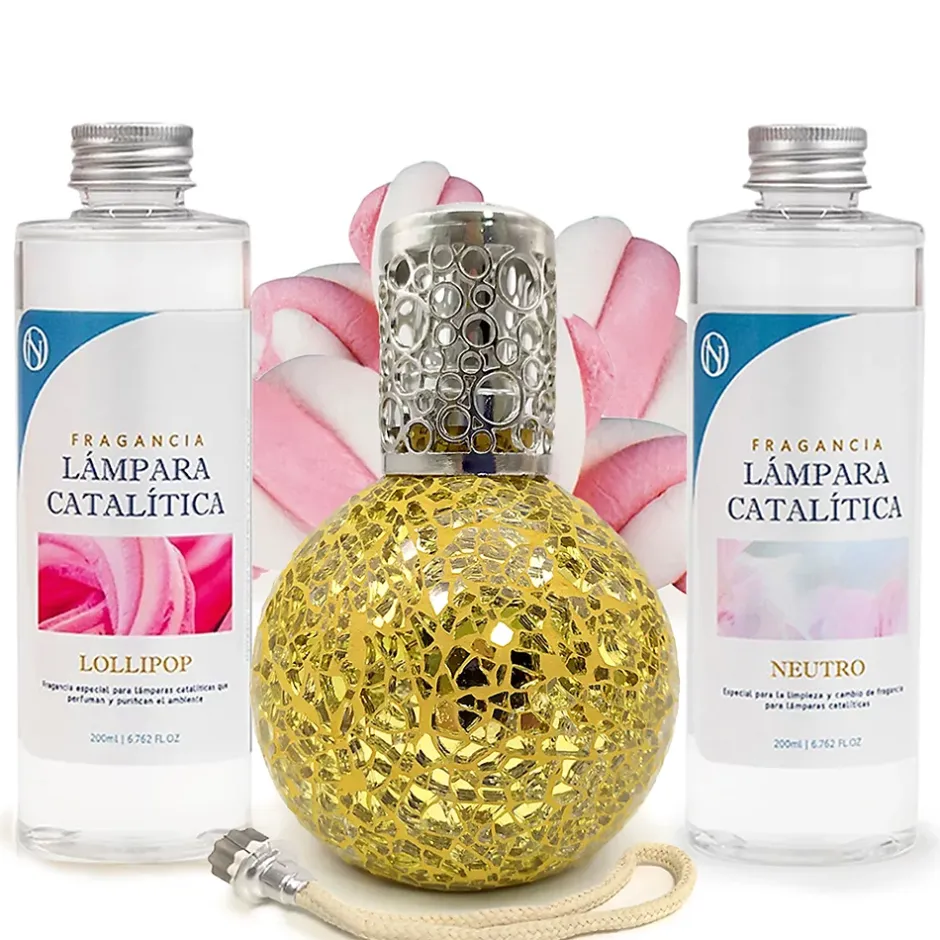Mamamanuela Pack économique Lampe Catalytique Mosaïque Doré + Parfum Lollipop (500 ml) + Nettoyant Neutre (200 ml) + Mèche de Rechange New