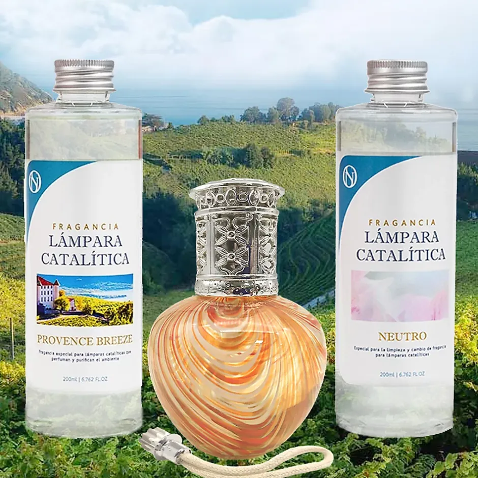 Mamamanuela Pack économique Lampe Catalytique Orange Waves + Parfum Provence Breeze (200 ml) + Nettoyant Neutre (200 ml) + Mèche de Rechange New