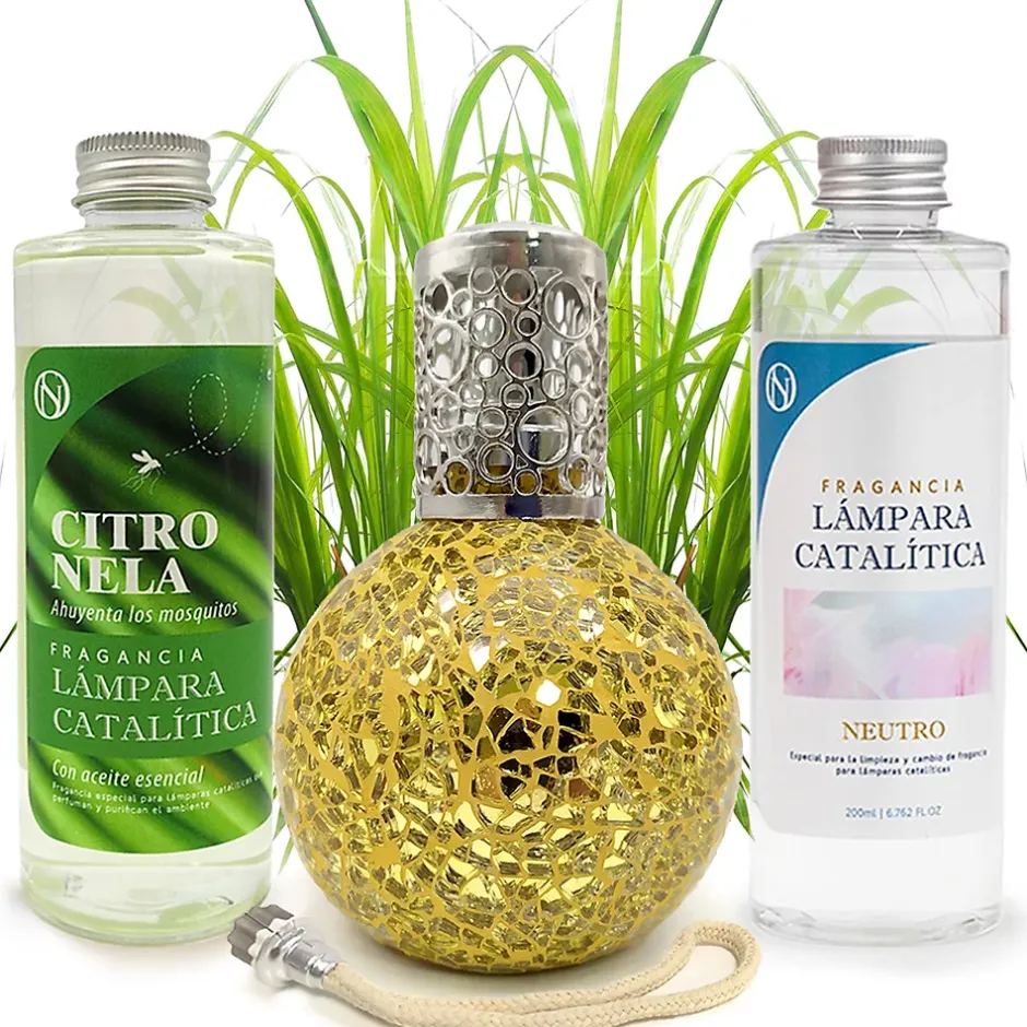 Mamamanuela Pack économique Lampe Catalytique Mosaïque Doré + Parfum Citronnelle (200 ml) + Nettoyant Neutre (200 ml) + Mèche de Rechange Outlet