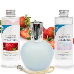 Mamamanuela Pack économique Lampe Catalytique Bleu-Gris Mat + Parfum Wild Strawberry (200 ml) + Nettoyant Neutre (200 ml) + Mèche de Rechange Hot