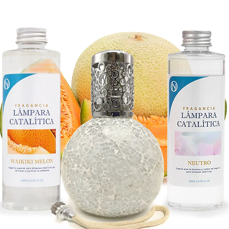 Mamamanuela Pack économique Lampe Catalytique Mosaïque Blanc + Parfum Waikiki Melon (500 ml) + Nettoyant Neutre (200 ml) + Mèche de Rechange
