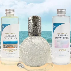 Mamamanuela Pack économique Lampe Catalytique Mosaïque Blanc + Parfum Mediterranean Light (200ml) + Nettoyant Neutre (200ml) + Mèche Rechange Discount
