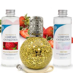Mamamanuela Pack économique Lampe Catalytique Mosaïque Doré + Parfum Wild Strawberry (200 ml) + Nettoyant Neutre (200 ml) + Mèche de Rechange