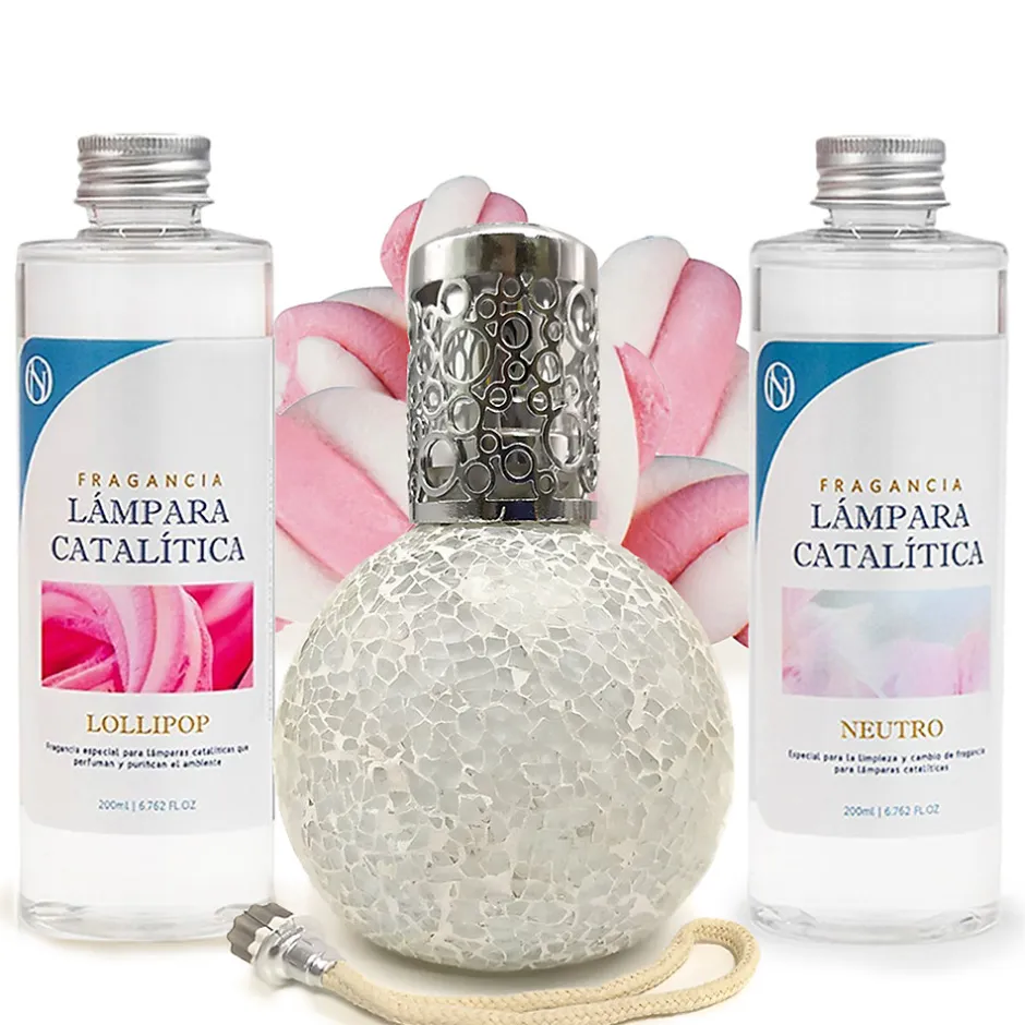 Mamamanuela Pack économique Lampe Catalytique Mosaïque Blanc + Parfum Lollipop (500 ml) + Nettoyant Neutre (200 ml) + Mèche de Rechange