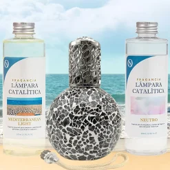 Mamamanuela Pack économique Lampe Catalytique Mosaïque Noir + Parfum Mediterranean Light (200 ml) + Nettoyant Neutre (200 ml) + Mèche Rechange