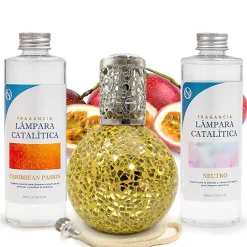 Mamamanuela Pack économique Lampe Catalytique Mosaïque Doré + Parfum Caribbean Passion (500 ml) + Nettoyant Neutre (200 ml) + Mèche Rechange