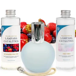 Mamamanuela Pack économique Lampe Catalytique Bleu Gris Mat + Parfum Summer Fruits (500 ml) + Nettoyant Neutre (200 ml) + Mèche de Rechange