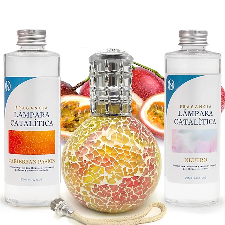 Mamamanuela Pack économique Lampe Catalytique Mosaïque Bicolore + Parfum Caribbean Passion (200ml) + Nettoyant Neutre (200ml) + Mèche Rechange Hot