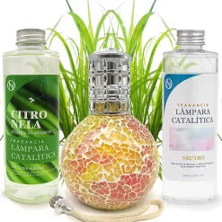 Mamamanuela Pack économique Lampe Catalytique Mosaïque Bicolore + Parfum Citronnelle (500 ml) + Nettoyant Neutre (200 ml) + Mèche de Rechange Discount