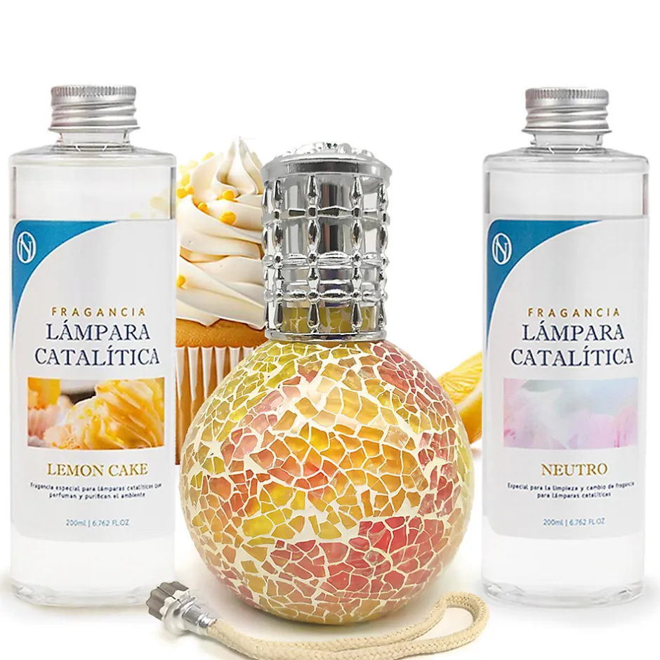 Mamamanuela Pack économique Lampe Catalytique Mosaïque Bicolore + Parfum Lemon Cake (200 ml) + Nettoyant Neutre (200 ml) + Mèche de Rechange
