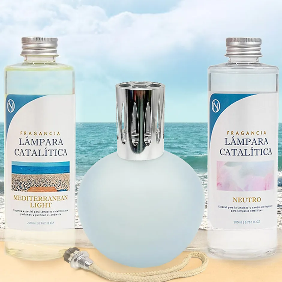 Mamamanuela Pack économique Lampe Catalytique Bleu-Gris Mat + Parfum Mediterranean Light (200ml) + Nettoyant Neutre (200ml) + Mèche Rechange Best