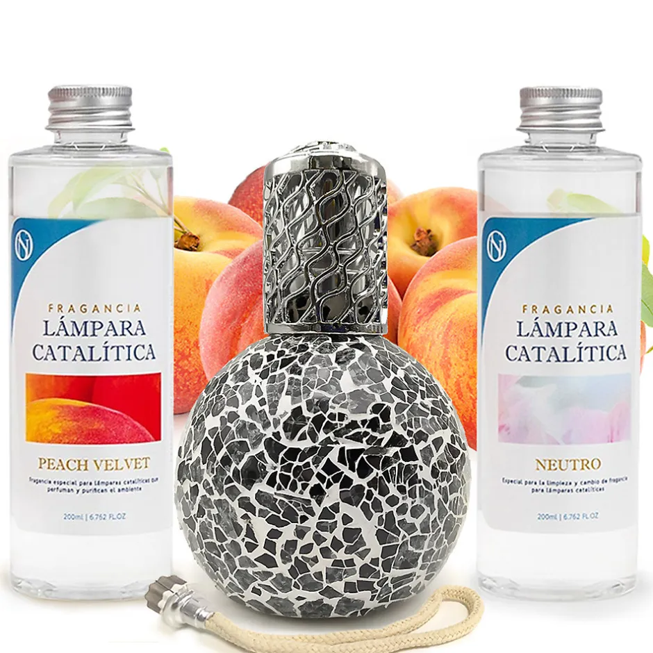 Mamamanuela Pack économique Lampe Catalytique Mosaïque Noir + Parfum Peach Velvet (200 ml) + Nettoyant Neutre (200 ml) + Mèche de Rechange