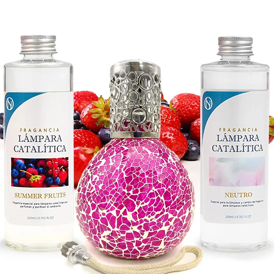 Mamamanuela Pack économique Lampe Catalytique Mosaïque Fuchsia + Parfum Summer Fruits (200 ml) + Nettoyant Neutre (200 ml) + Mèche de Rechange New