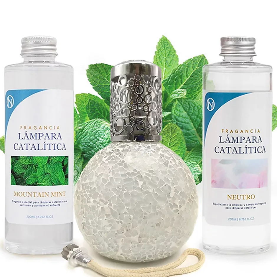 Mamamanuela Pack économique Lampe Catalytique Mosaïque Blanc + Parfum Mountain Mint (500 ml) + Nettoyant Neutre (200 ml) + Mèche de Rechange New