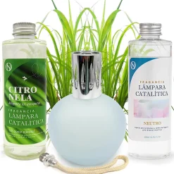 Mamamanuela Pack économique Lampe Catalytique Bleu Gris Mat + Parfum Citronnelle (500 ml) + Nettoyant Neutre (200 ml) + Mèche de Rechange
