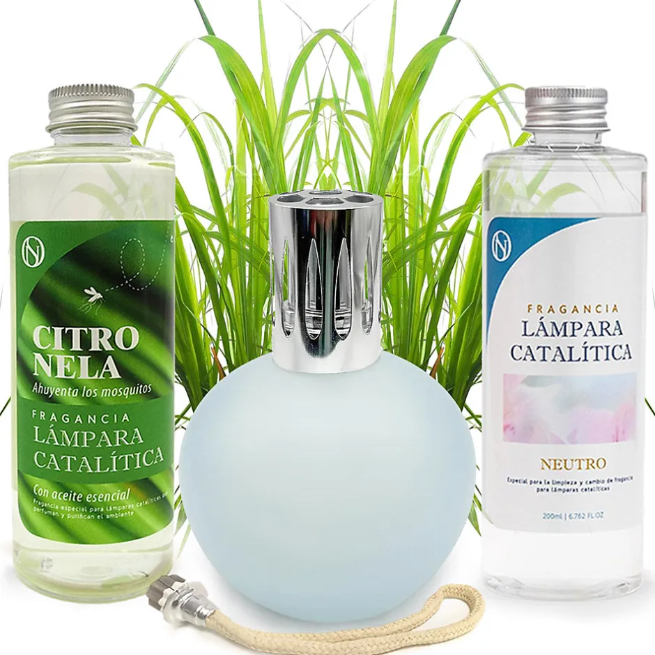 Mamamanuela Pack économique Lampe Catalytique Bleu Gris Mat + Parfum Citronnelle (500 ml) + Nettoyant Neutre (200 ml) + Mèche de Rechange