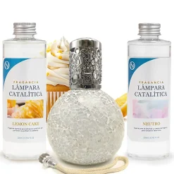 Mamamanuela Pack économique Lampe Catalytique Mosaïque Blanc + Parfum Lemon Cake (200 ml) + Nettoyant Neutre (200 ml) + Mèche de Rechange Best