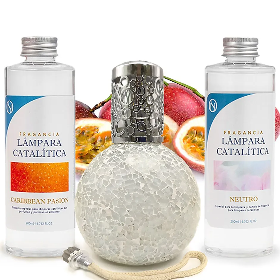 Mamamanuela Pack économique Lampe Catalytique Mosaïque Blanc + Parfum Caribbean Passion (500 ml) + Nettoyant Neutre (200 ml) + Mèche Rechange
