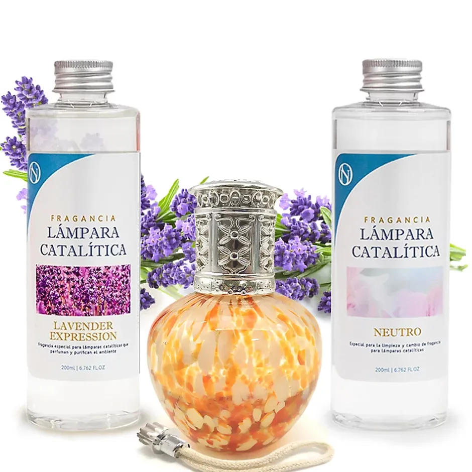 Mamamanuela Pack économique Lampe Catalytique Drops Orange + Parfum Lavender Expression (200 ml) + Nettoyant Neutre (200 ml) + Mèche Rechange Hot